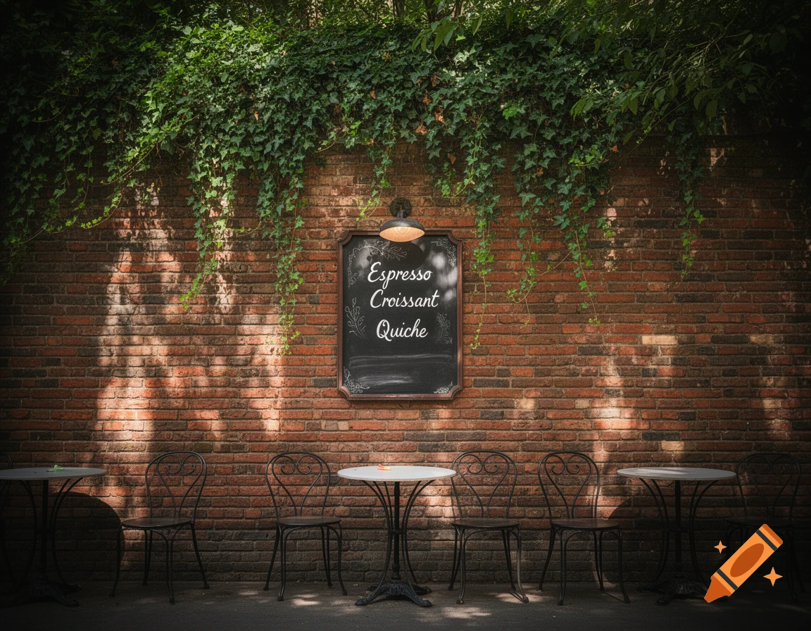 A cafe wall with ivy, a chalkboard menu listing espresso, croissant, and quiche, and three outdoor tables with chairs.