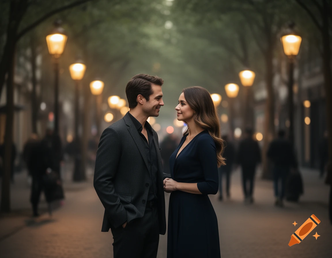 A man and woman in dark clothes gaze lovingly on an evening street lit by glowing lampposts.