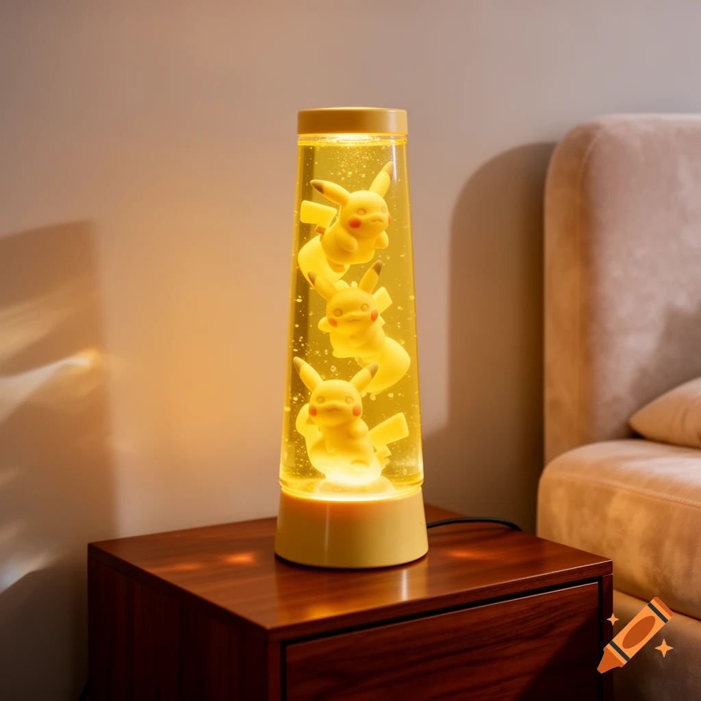 A yellow Pikachu lava lamp sits on a wooden nightstand next to a bed, glowing warmly with three small Pikachu figures suspended inside.