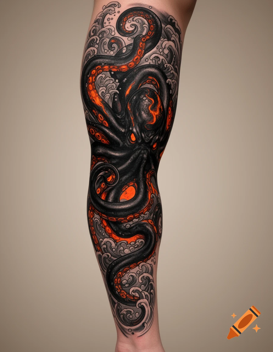 A vibrant black and orange octopus tattoo covers a person's leg, with swirling waves in the background.