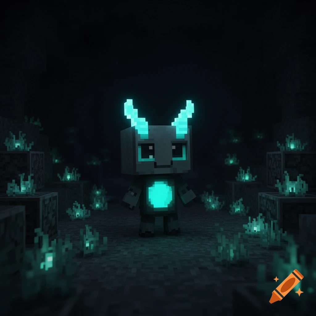 A cute, pixelated baby Minecraft Warden with glowing cyan horns and a turquoise chest, standing in a dark Deep Dark cave.