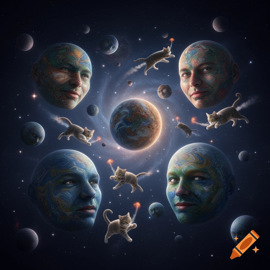 A surreal cosmic scene with human heads painted like planets and smaller planets floating in space, surrounded by floating cats with fiery trails.