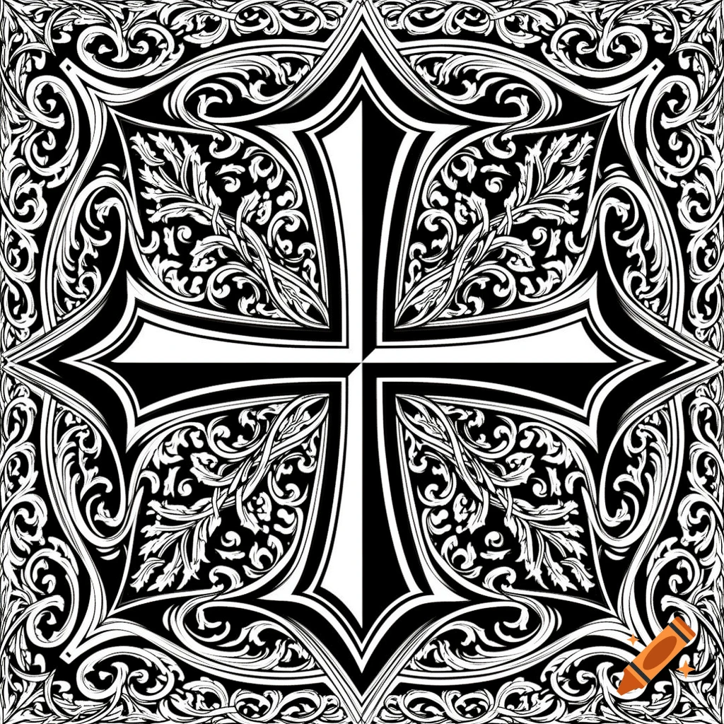 A symmetrical black and white gothic ornament featuring a large cross motif and intricate medieval-style line art.