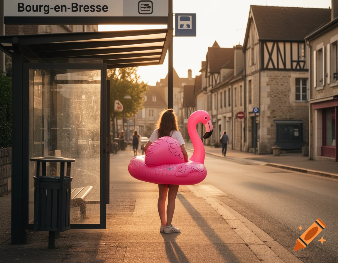 Photorealistic shot of a person with a pink flamingo float standing at a bus stop on a sunlit street in Bourg-en-Bresse.