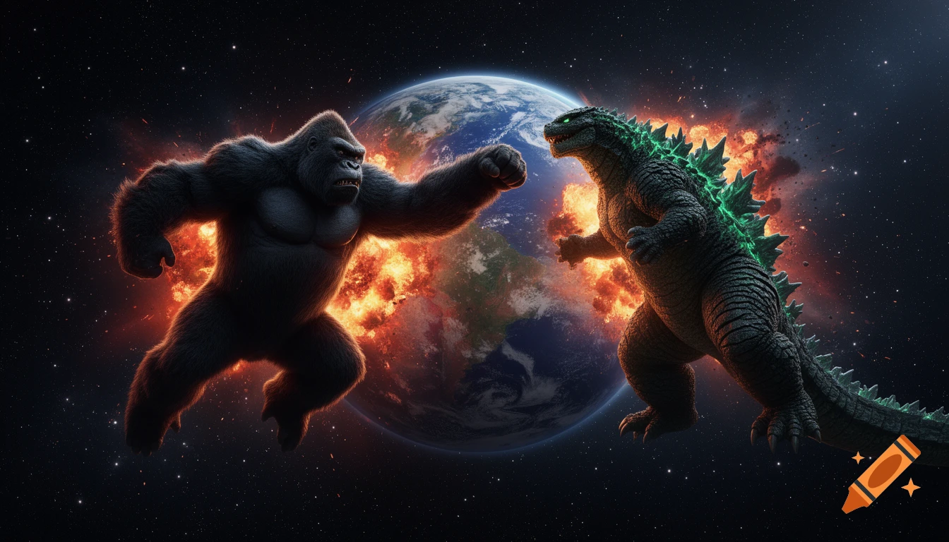 King Kong and Godzilla fight in outer space with an exploding Earth behind them, in a dramatic, detailed style.