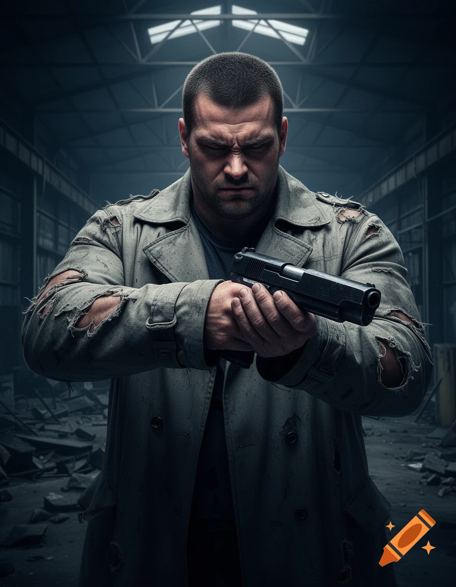 A gritty man with an intense expression, wearing a tattered coat, holds a pistol in a dark, ruined industrial setting.