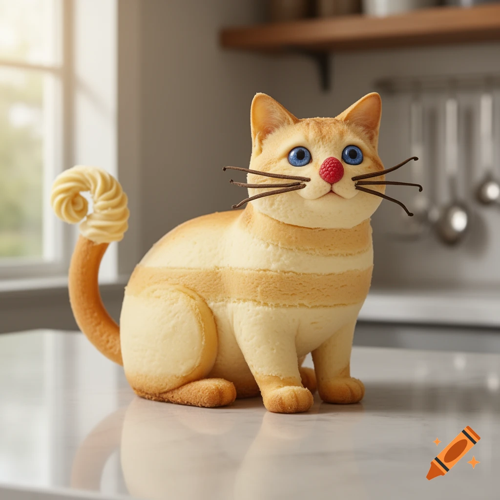 A photorealistic cat figure made of cheesecake sits on a kitchen counter, featuring blue eyes and a raspberry nose.