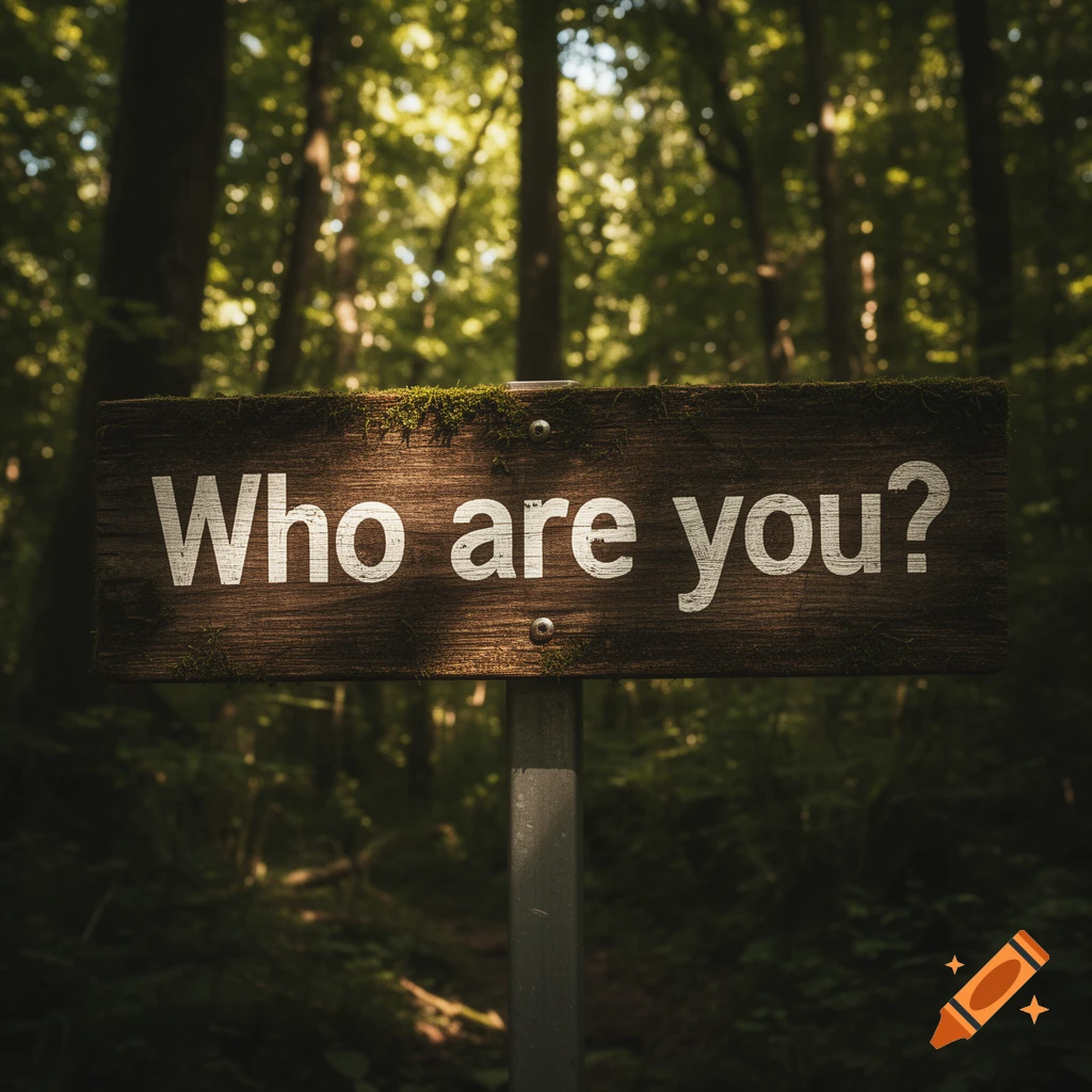 Photorealistic wooden sign in a sun-dappled forest reads 'Who are you?'