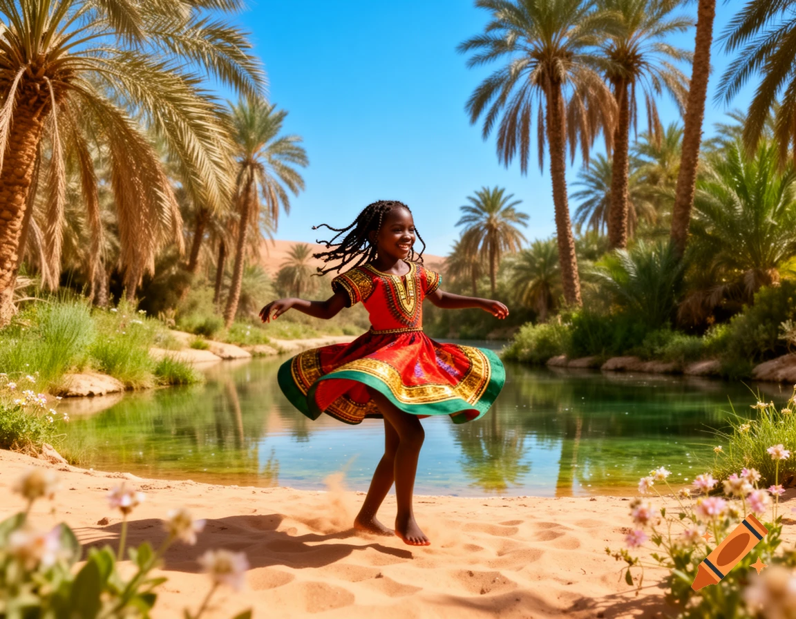 A happy little African girl in a colorful dress dances on sand by a clear oasis with palm trees under a bright blue sky.