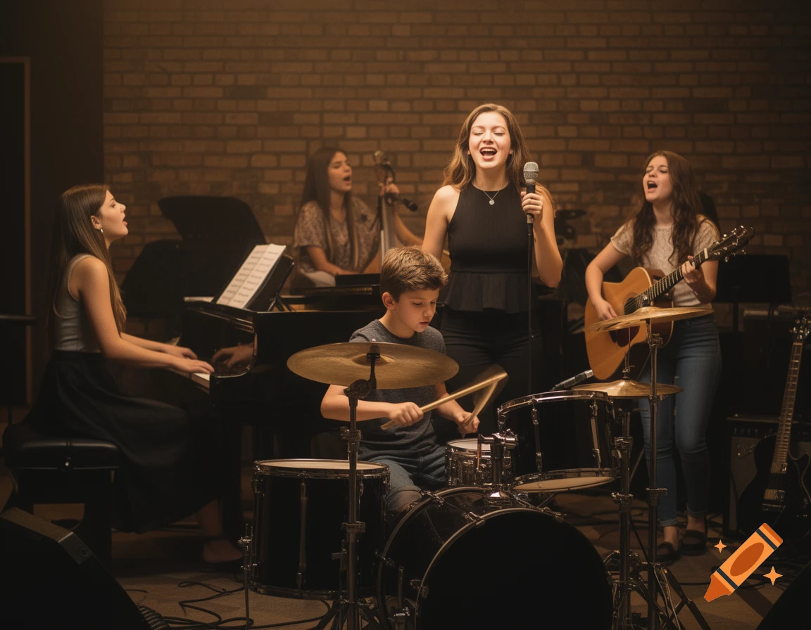 A young band performs in a studio, featuring a drummer, pianist, guitarist, and two vocalists, with a brick wall background.