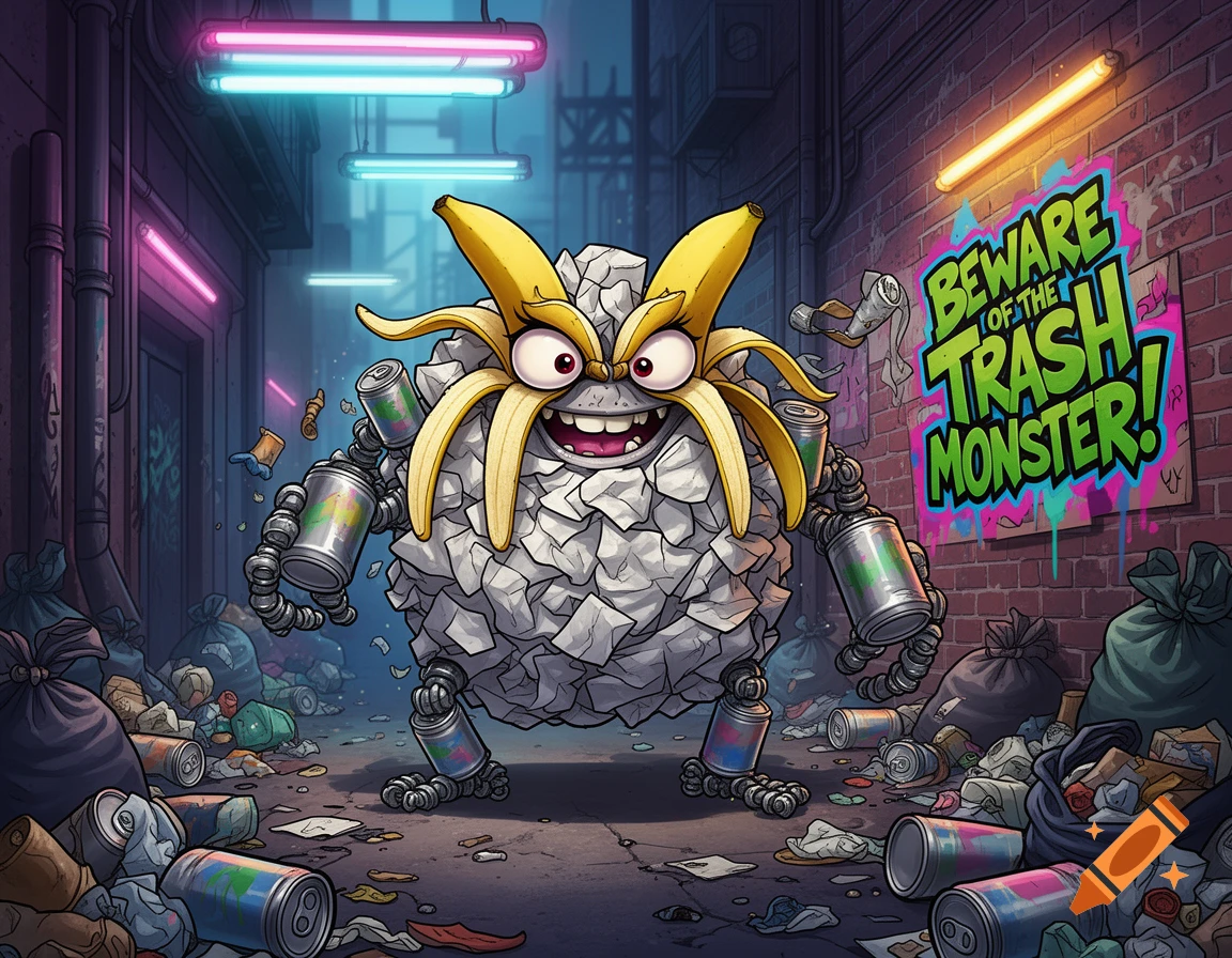 A grinning, angry trash monster with banana peels on its head and can-arms stands in a garbage-filled alley with a 'Beware of the Trash Monster!' sign.