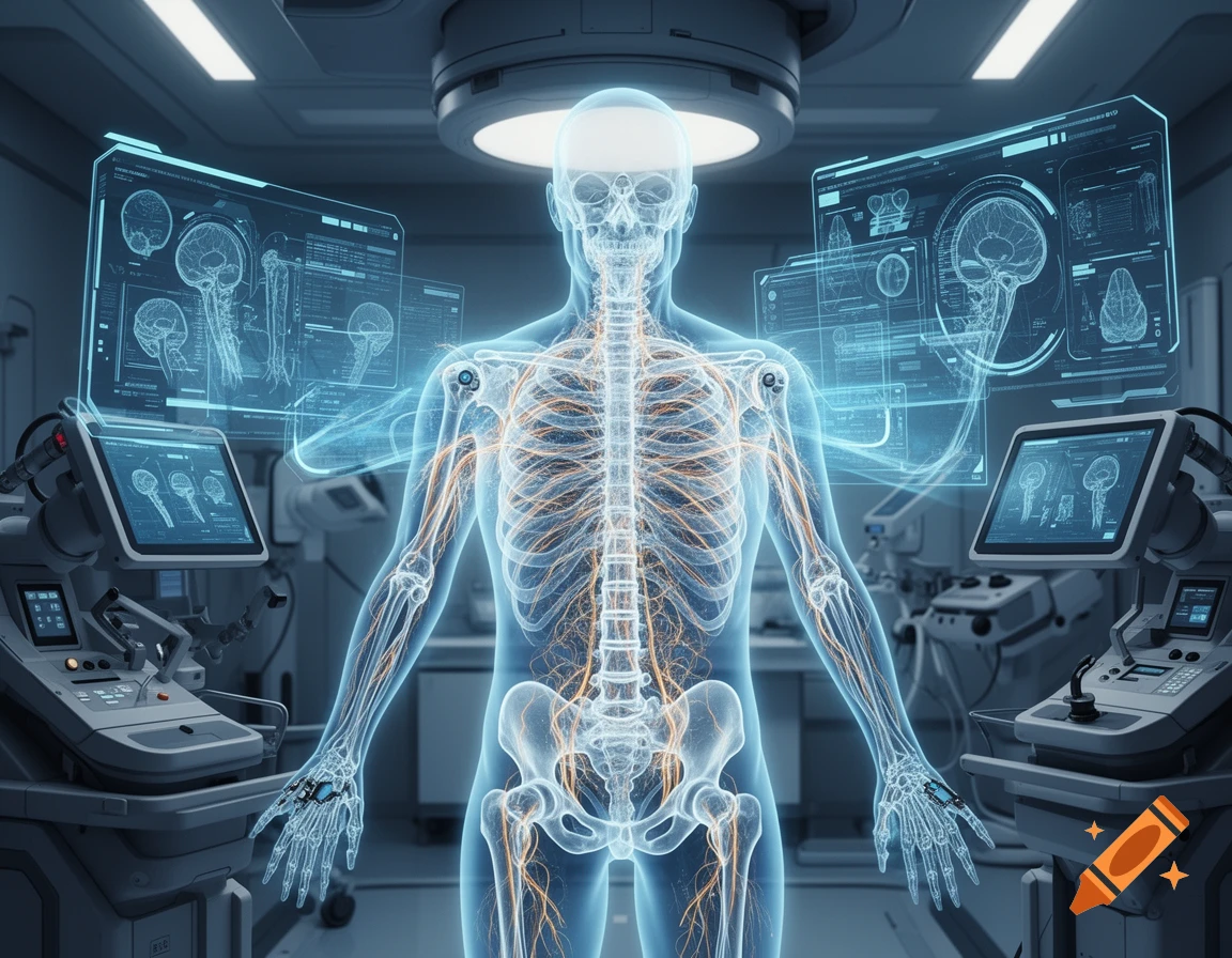 A futuristic x-ray of a human skeleton and nervous system with glowing nerves, surrounded by holographic displays and medical equipment.