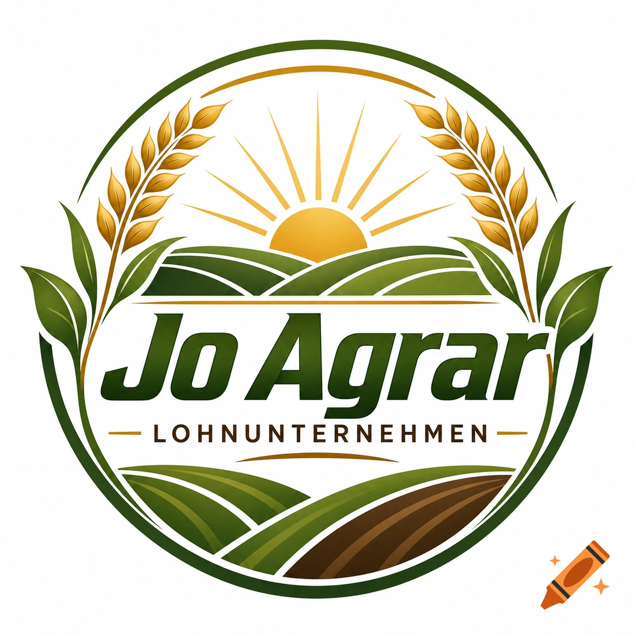 Circular logo with 'Jo Agrar Lohnunternehmen' text, a rising sun, green fields, and wheat stalks.