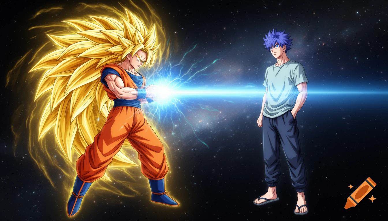 Goku Super Saiyan 3 in orange gi charges a blue energy blast at Gojo Satoru in a t-shirt and pants, set against a star-filled space background.