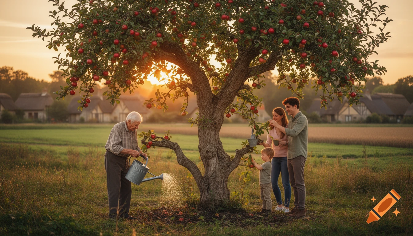 An old man waters a mature apple tree full of red apples, while a young couple and their child tend it in a sunlit field by a village.