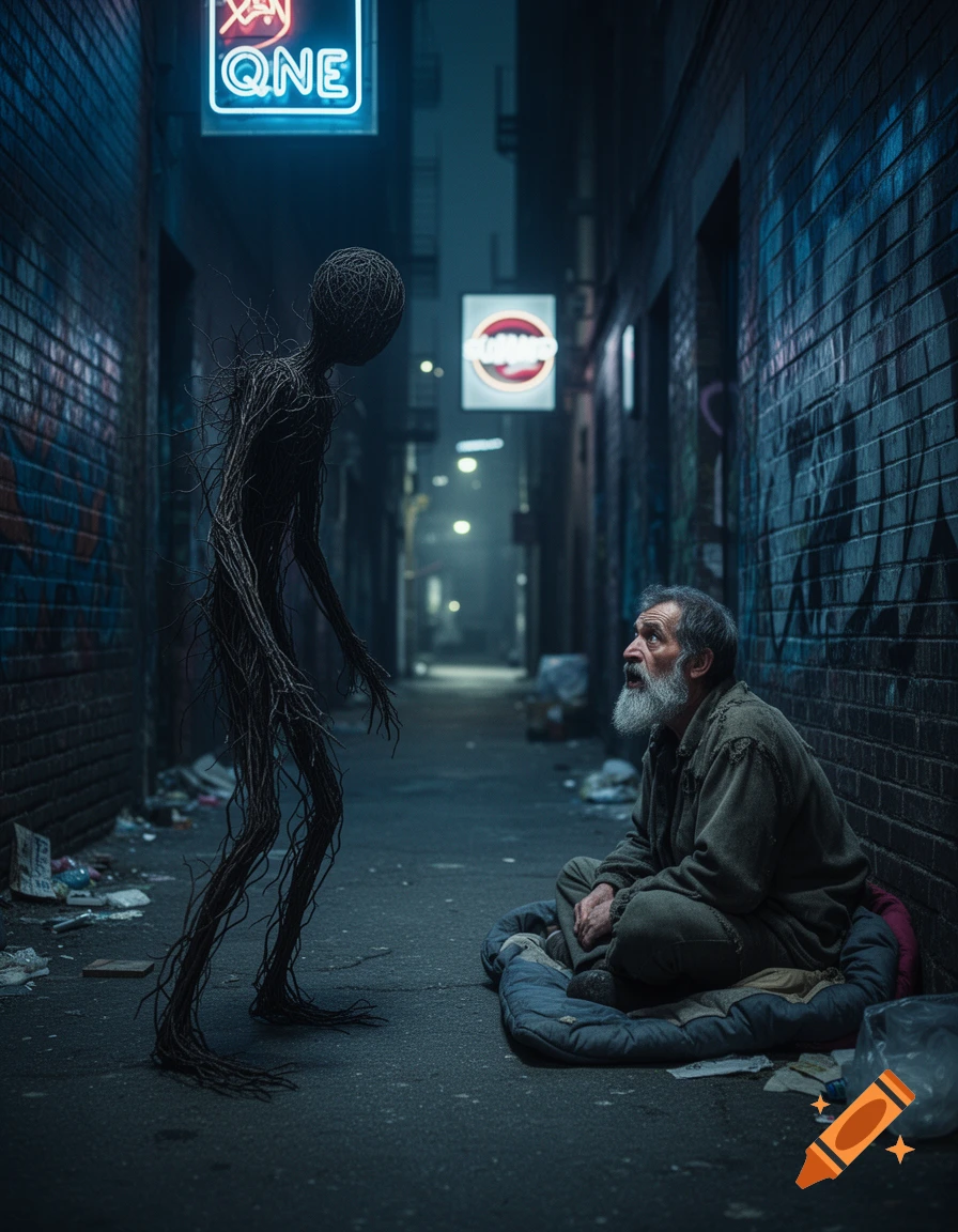 A creepy twig figure faces a bearded homeless man sitting on a sleeping bag in a dark, littered urban alley at night.