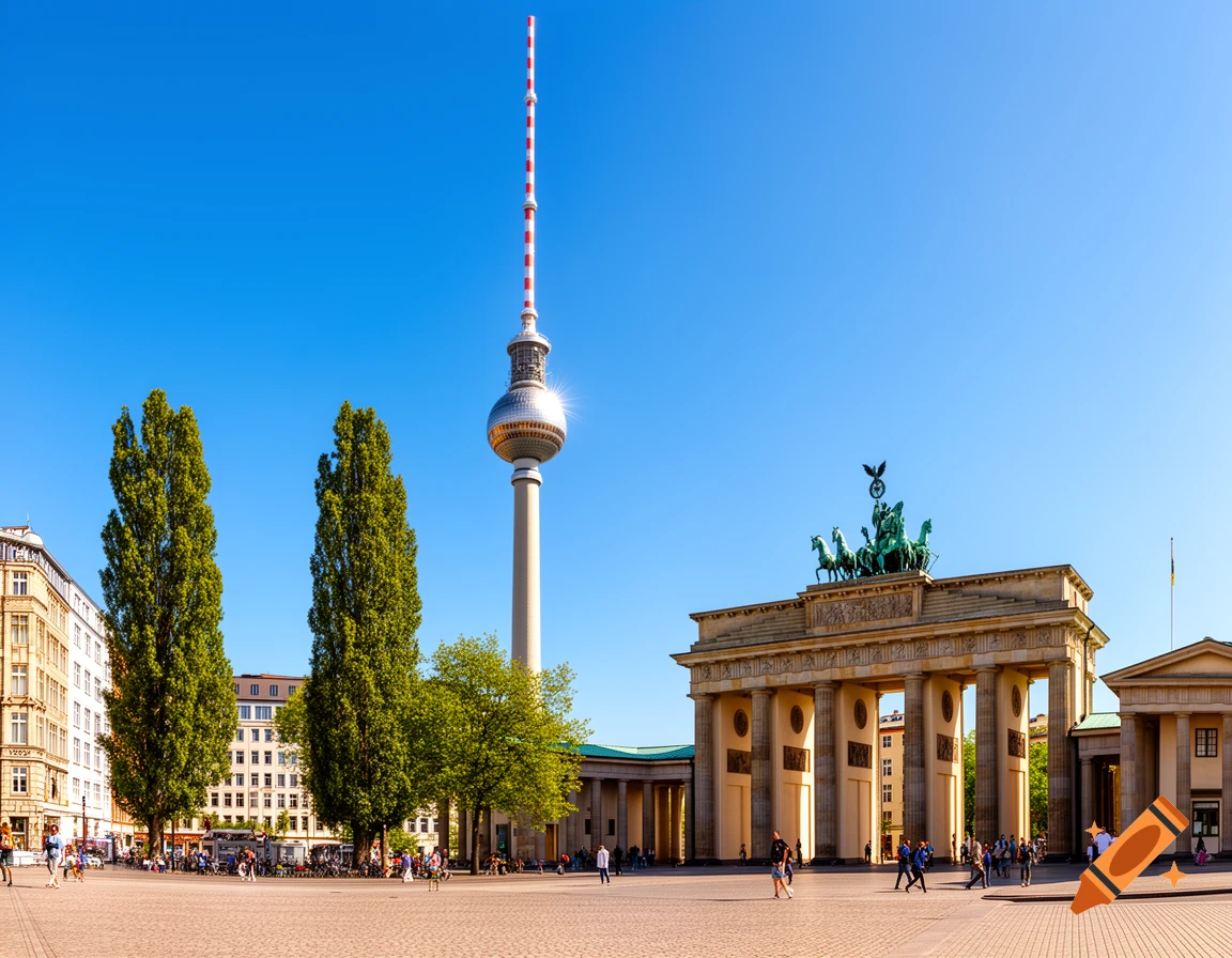 Photorealistic image of the Berlin TV Tower and Brandenburg Gate on a sunny day with people in the plaza.