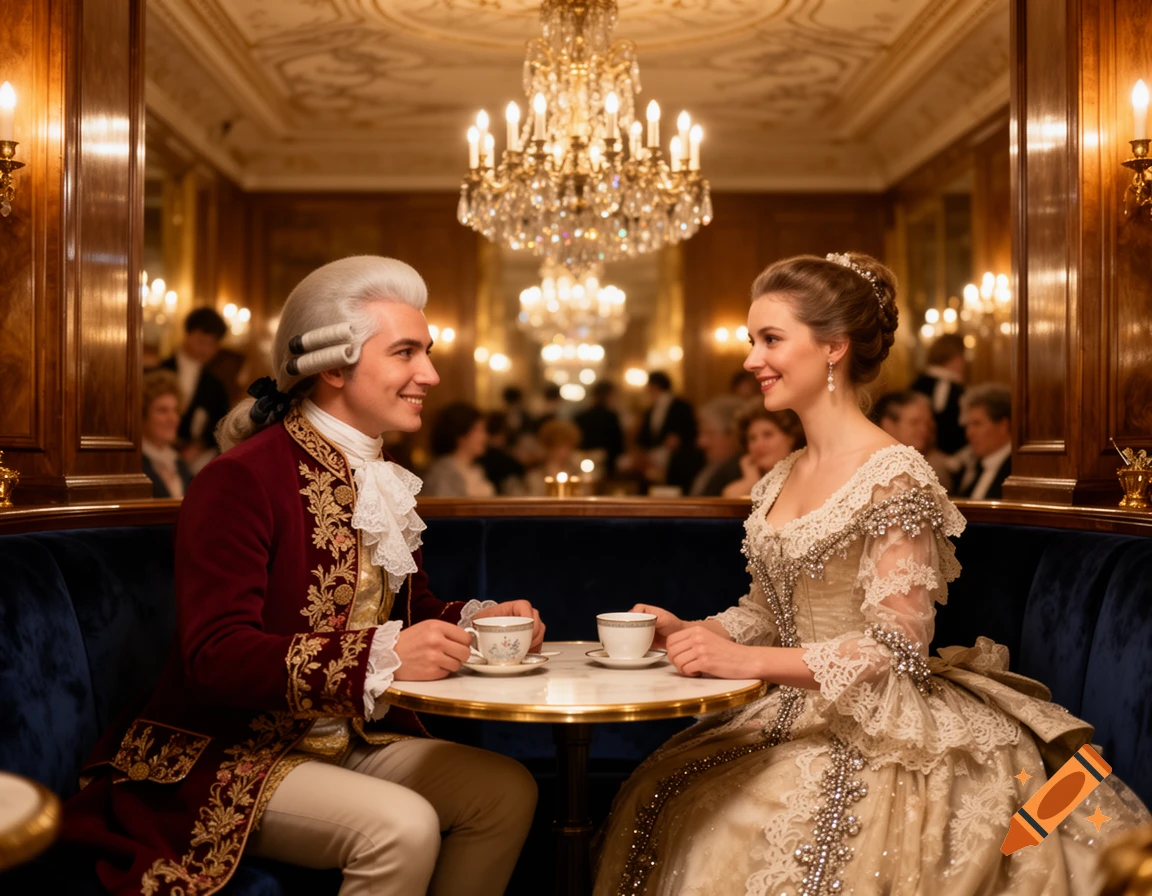 A man in a powdered wig and a woman in a lavish 18th-century gown smile over coffee in an opulent, chandelier-lit cafe.