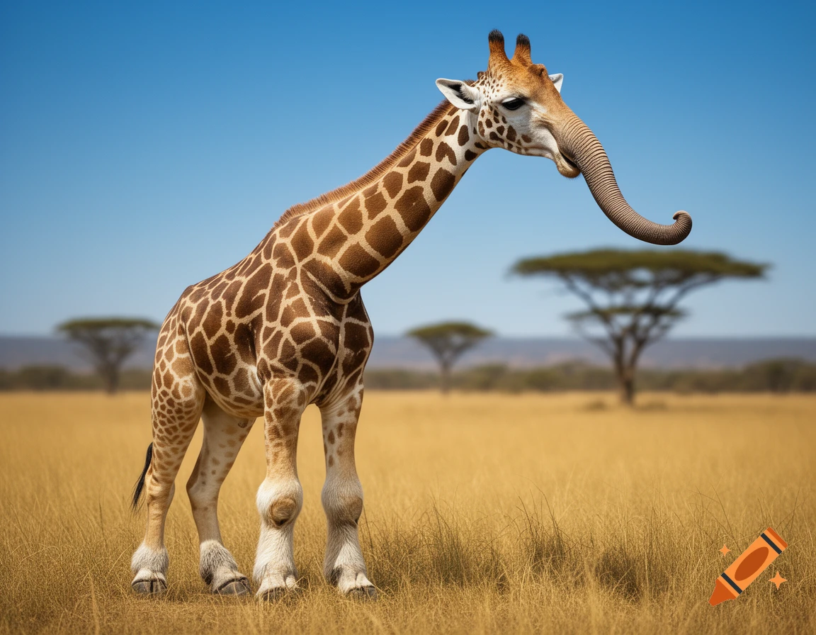 Photorealistic hybrid animal, a giraffe with an elephant trunk and dog paws, stands in a golden savanna under a blue sky.