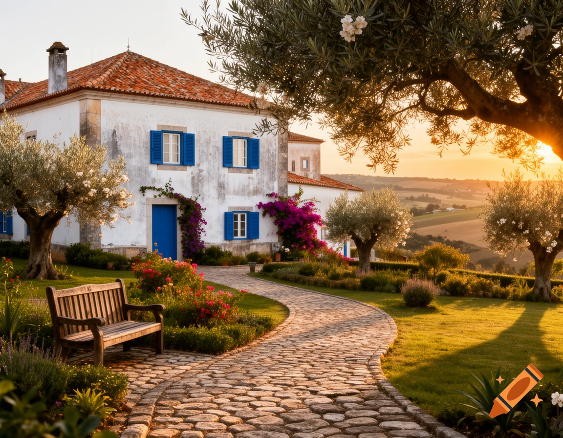 A photorealistic image of a beautiful white house with blue shutters, a garden, cobblestone path, and olive trees at sunset.