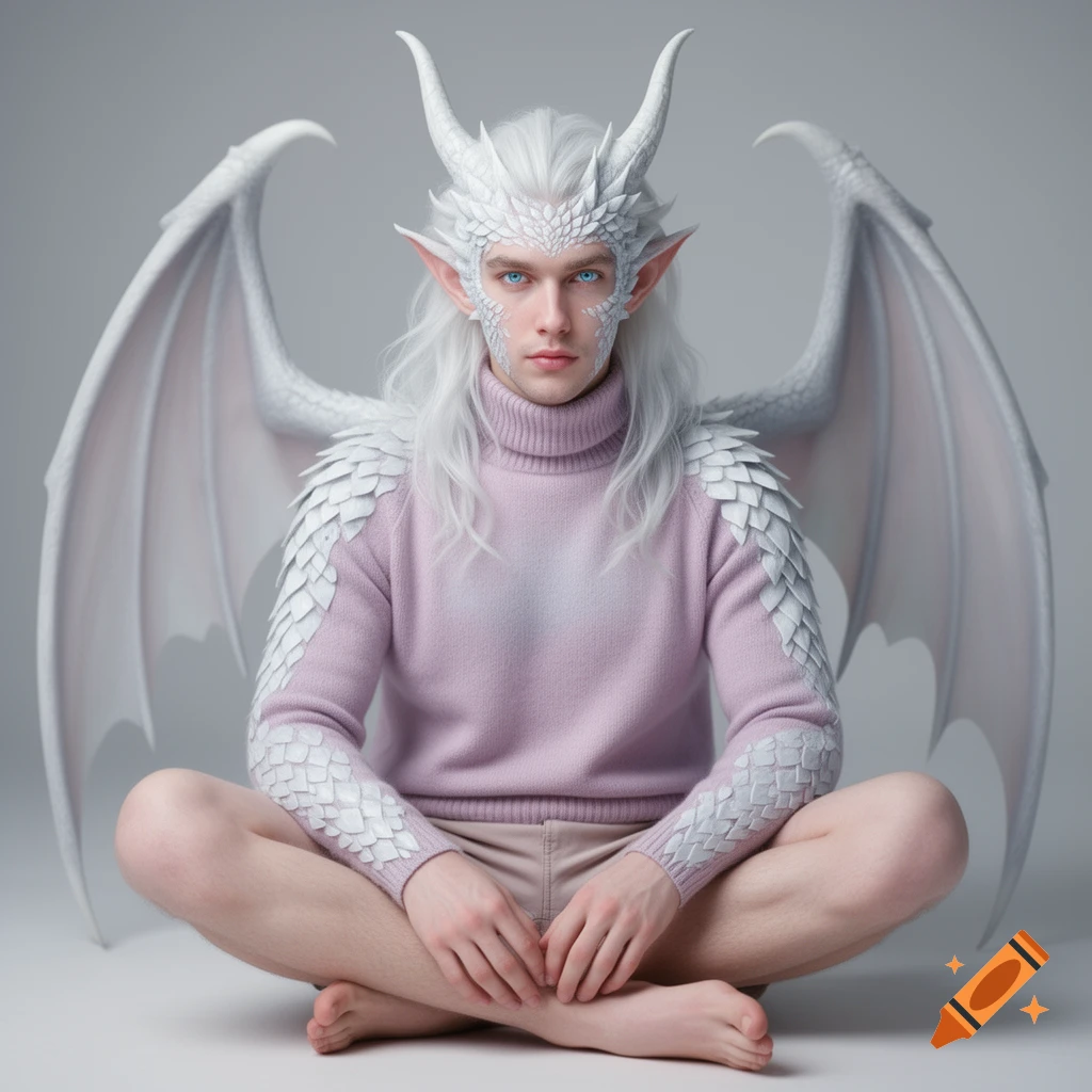 A photorealistic dragon demi-human with white scales, horns, wings, and white hair sits cross-legged in a pastel turtleneck and shorts.