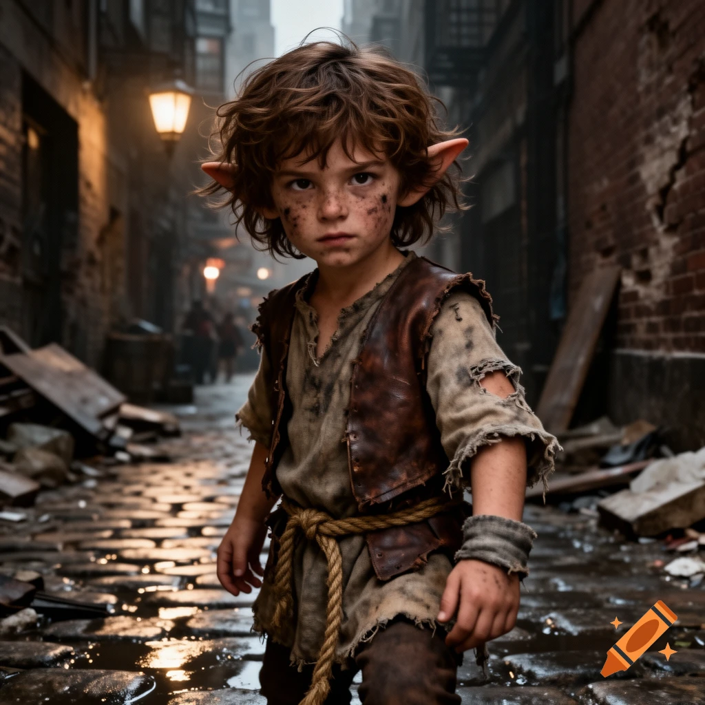 A photorealistic portrait of a dirty, freckled child gnome with pointed ears and messy brown hair, wearing ragged clothes, standing in a wet, cobbled alley.