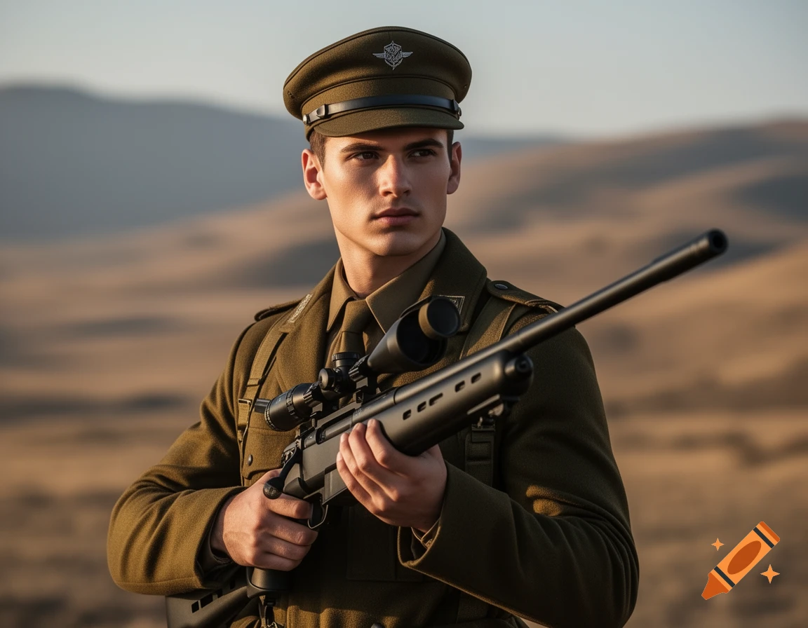 A photorealistic portrait of a serious man in a green military uniform and hat, holding a sniper rifle, against a blurred desert background.