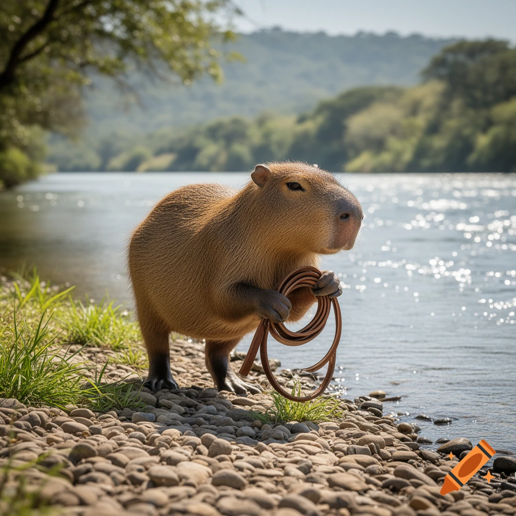 A capybara stands on a rocky riverbank, holding a coiled leather strap, with a river and green hills in the background.