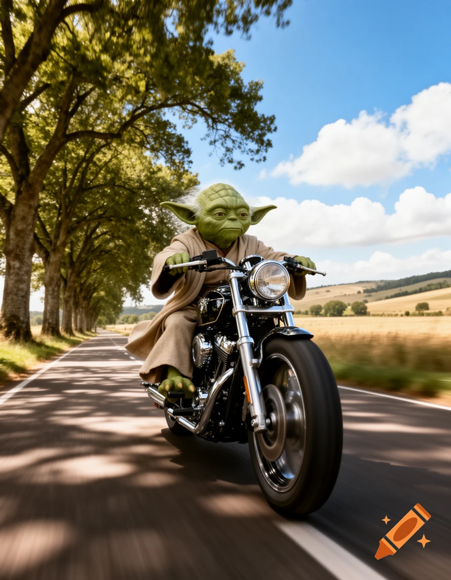 Master Yoda rides a motorcycle down a sunny, tree-lined road, captured with motion blur in a photorealistic style.