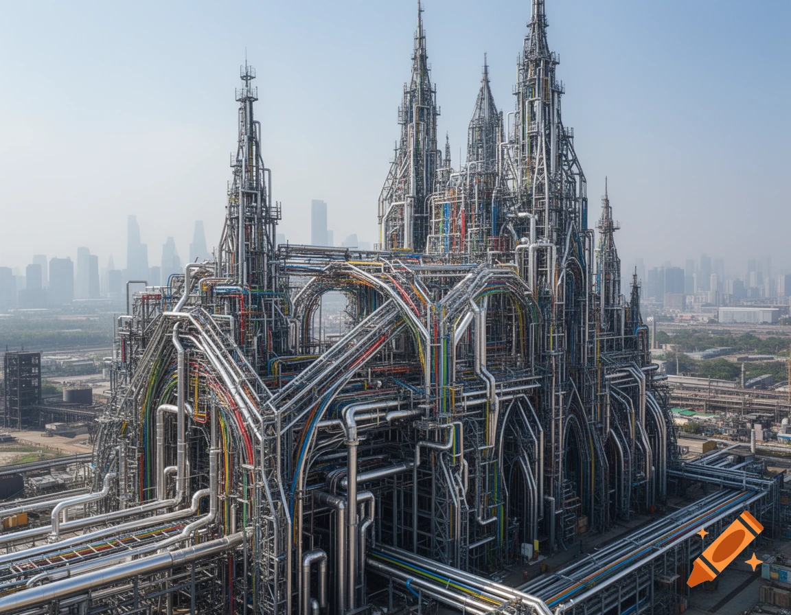 Photorealistic image of a futuristic industrial building made of pipes and conduits, resembling a Gothic cathedral.