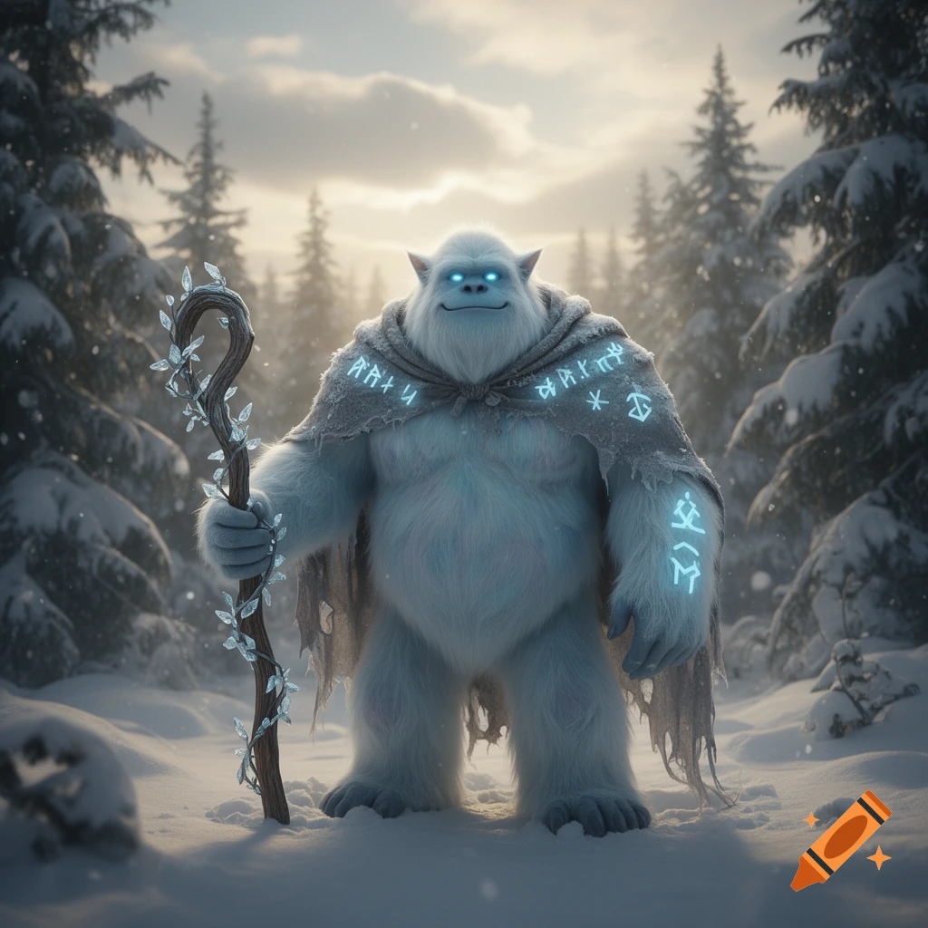 A friendly white yeti with glowing blue eyes, wearing a tattered cloak with glowing runes and holding a crystal-adorned staff, stands in a snowy forest.