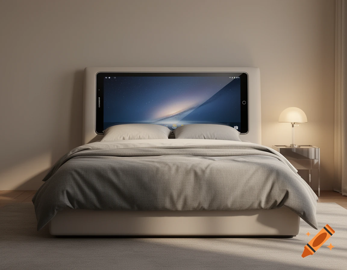 A modern bed with a large tablet screen integrated as a headboard, displaying a starry sky wallpaper in a minimalist room.