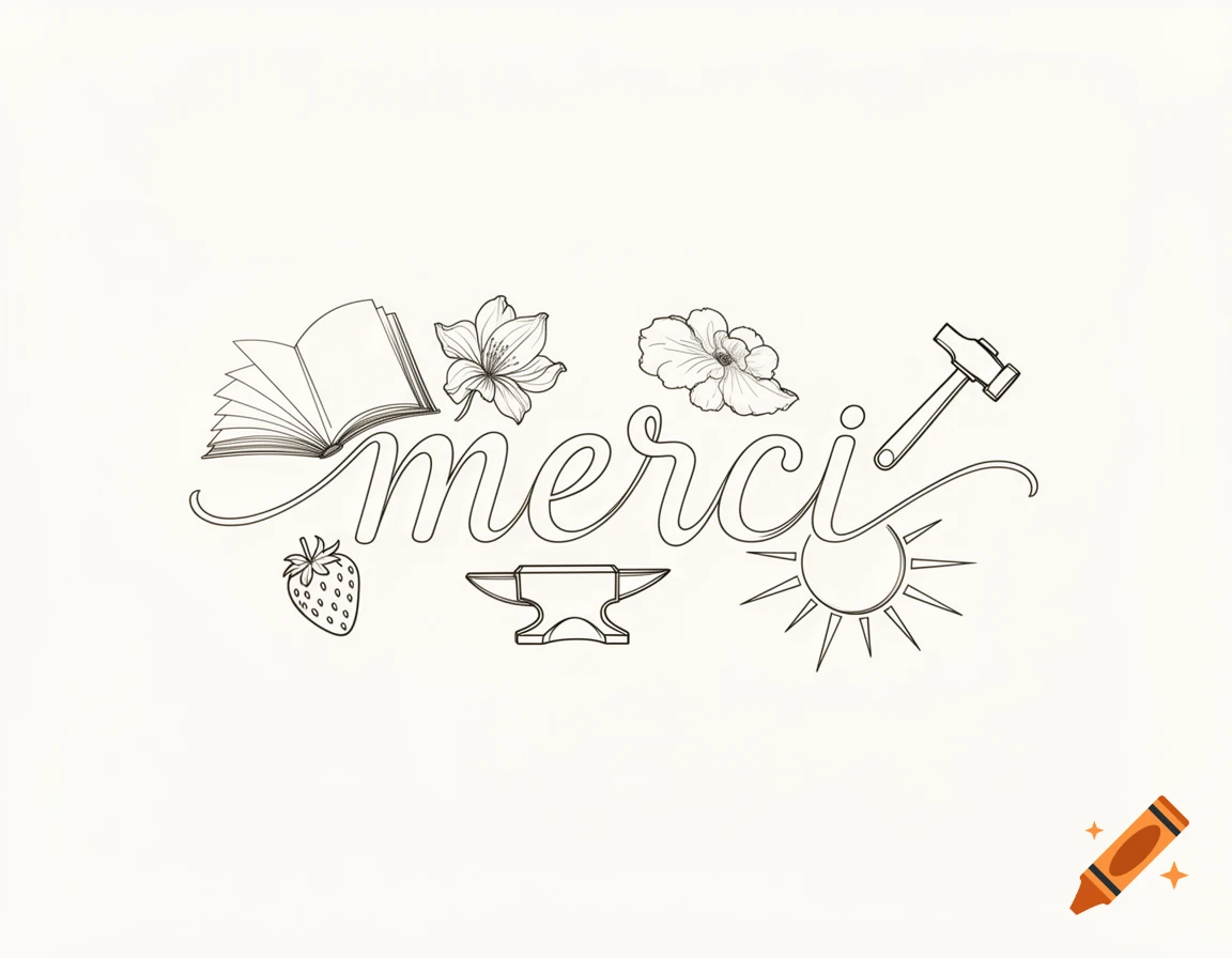 Simple line drawing of the word 'merci' with decorative elements including a book, flowers, a strawberry, a hammer, an anvil, and a sun.