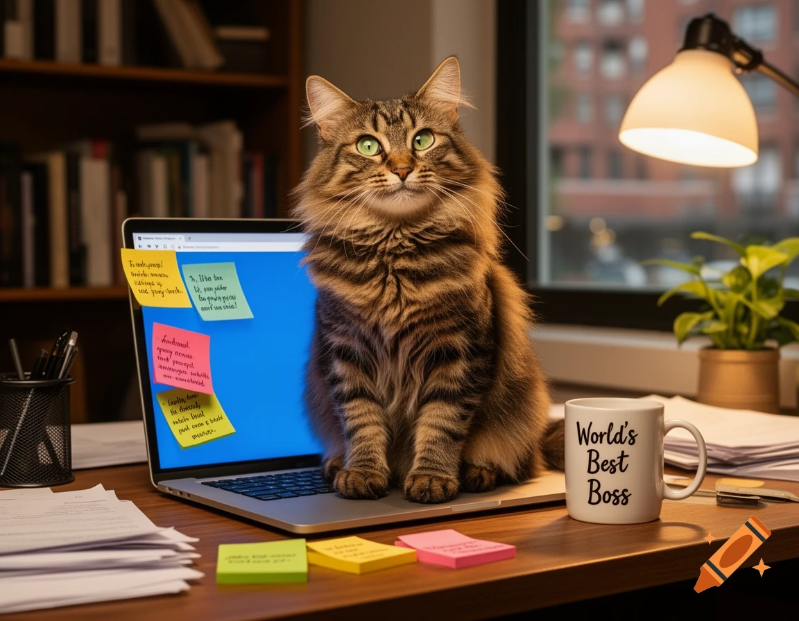 Fluffy tabby cat sitting on a laptop keyboard at a desk, next to a mug reading 'World's Best Boss'.