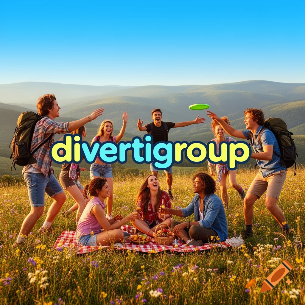Friends picnic and play frisbee in a sunny meadow with mountains, 'divertigroup' text overlay.