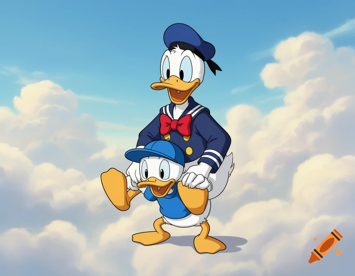 Donald Duck rides on Dewey Duck's shoulders against a blue sky with soft clouds in a cel-shaded animation style.