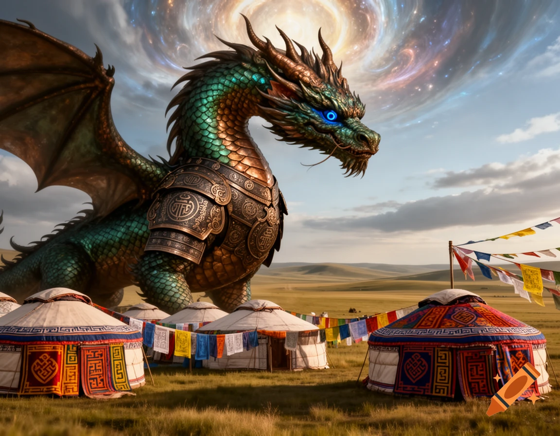 A massive armored dragon with glowing blue eyes overlooks a Mongolian yurt village under a cosmic, cloudy sky.