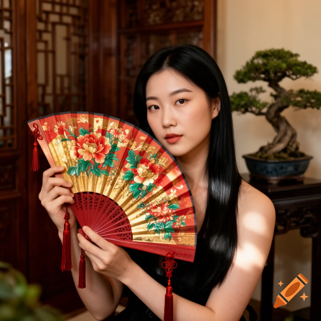 A young Asian woman with long dark hair holds a red and gold traditional fan with floral designs, against a backdrop of wooden Asian decor and a bonsai tree.