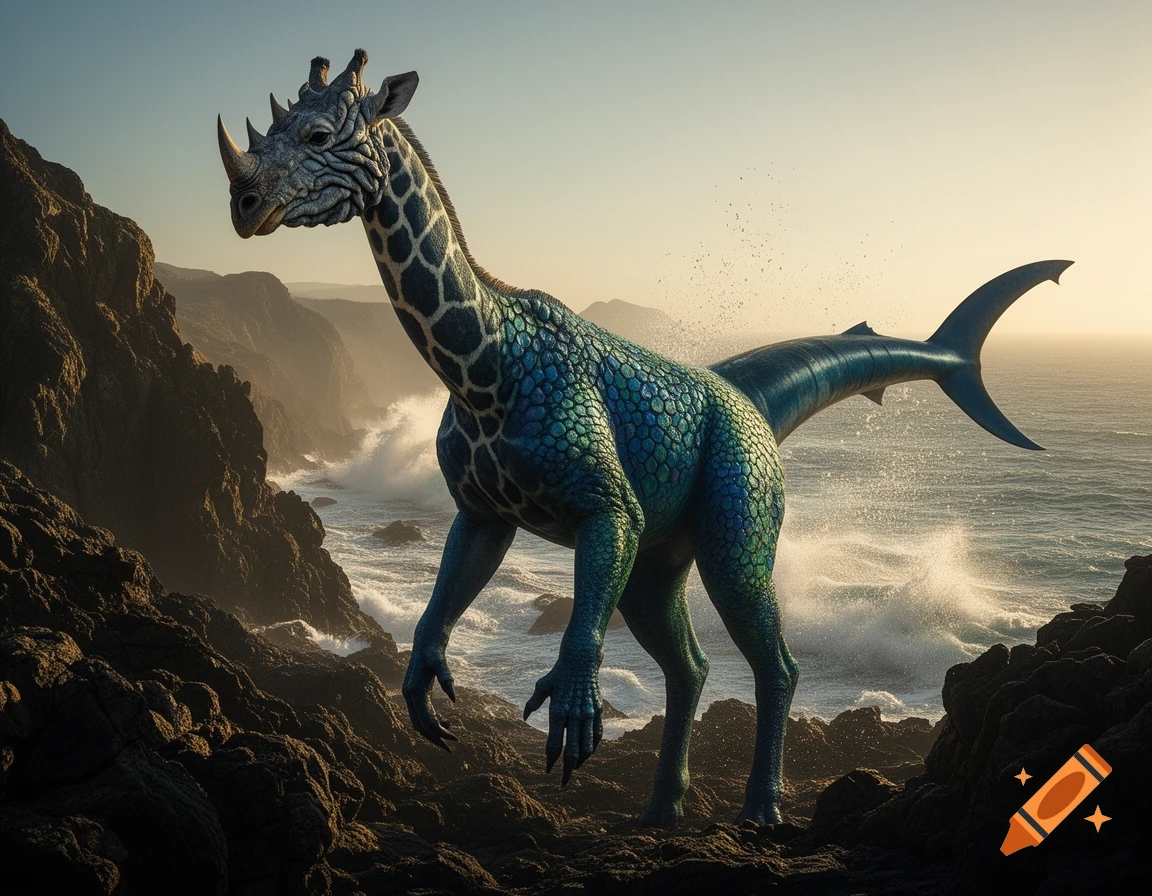 A mythical creature with a rhino head, giraffe neck, scaly blue-green body, and shark tail stands on a rocky coast with crashing waves under a clear sky.