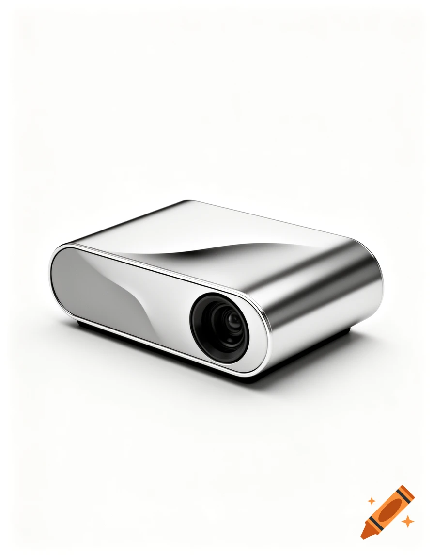A sleek, silver, minimalist projector with a black lens on a white background, viewed from an angle.