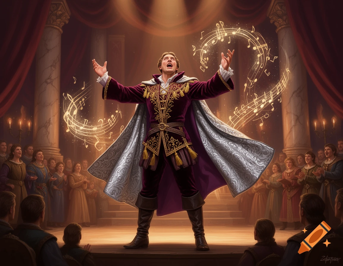 A male opera singer in elaborate purple and gold costume sings on a grand stage, glowing musical notes swirl around him as an audience watches.