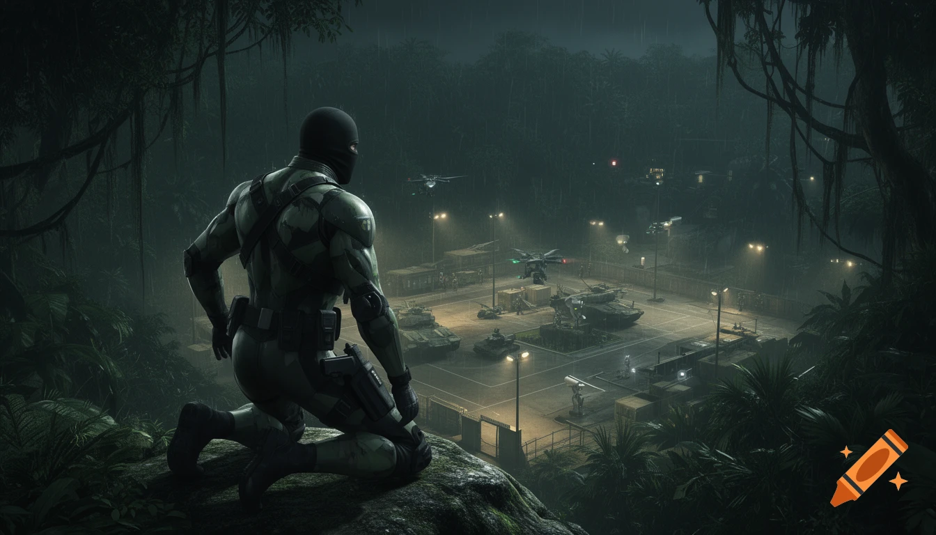 A soldier in a tactical suit kneels on a rock in a dark, rainy jungle, overlooking a brightly lit military base with tanks, drones, and sentries.