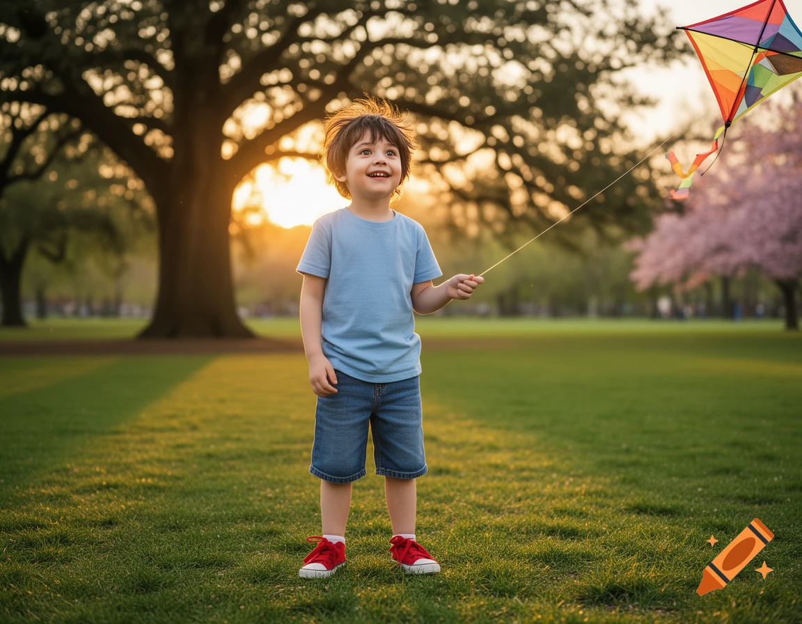 Young boy in a park at sunset, smiling and flying a colorful kite.