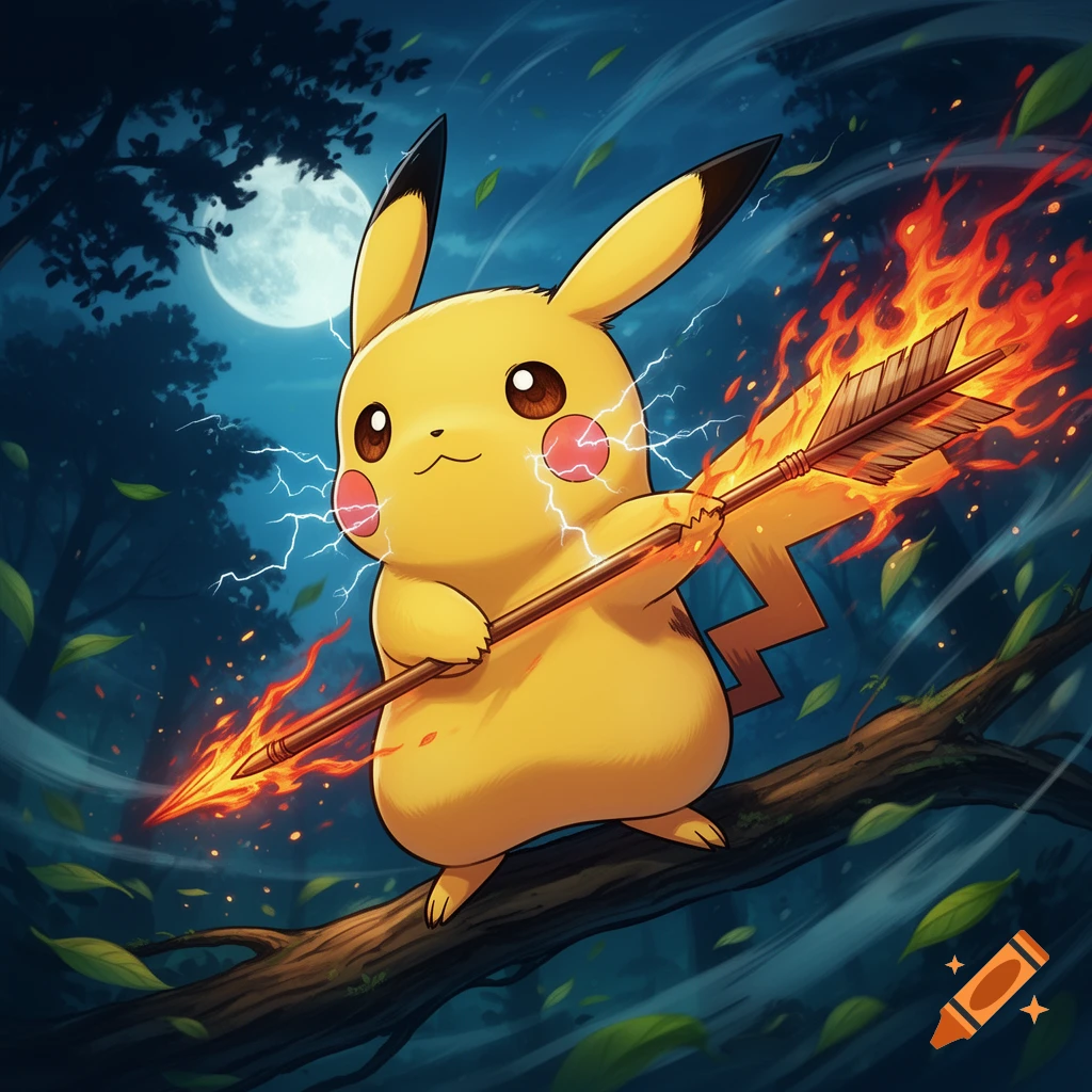 Pikachu stands on a tree branch, holding a flaming arrow under a full moon in a mystical forest.