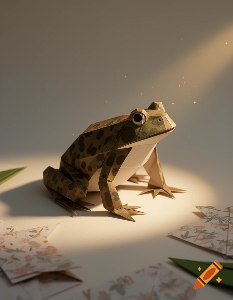 A detailed papercraft frog with a camouflage pattern sits on a white surface, surrounded by decorative paper leaves, bathed in a warm spotlight.