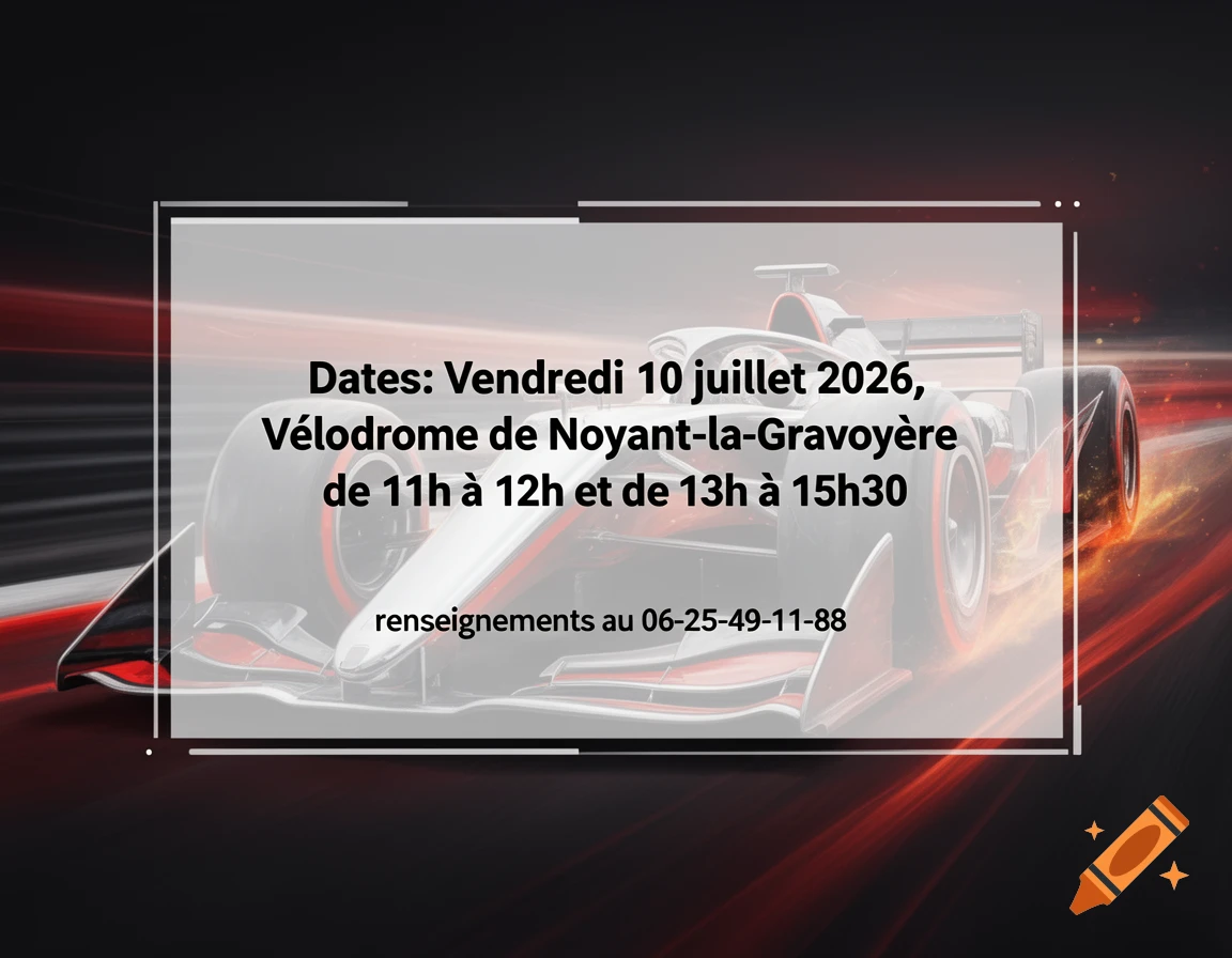 Event details framed over a stylized red and black race car background with motion blur.