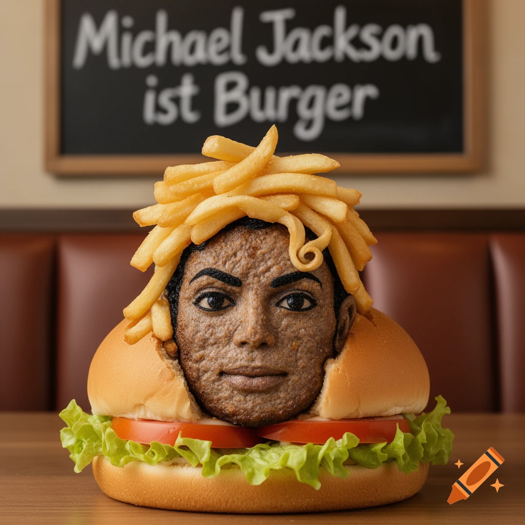 A photorealistic hamburger with a Michael Jackson face patty and french fry hair, served on a wooden table with a blackboard.