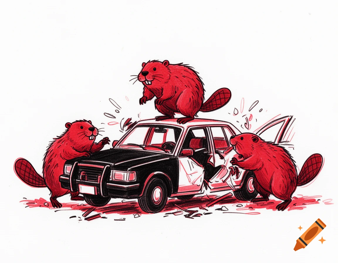 Three cartoon red beavers are shown destroying a police car in a felt-tip pen style illustration.