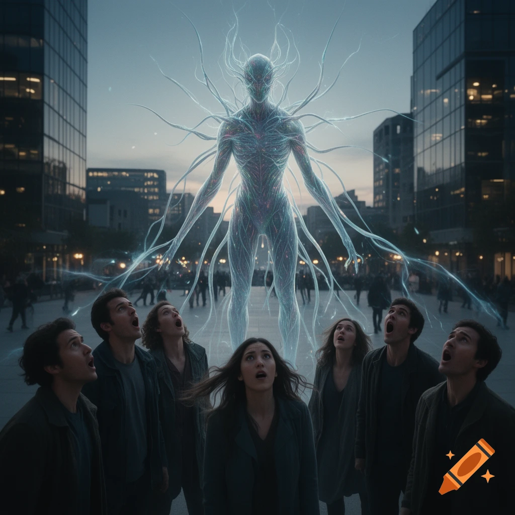 A large, glowing, ethereal humanoid entity towers over a crowd looking up in a city street at dusk.