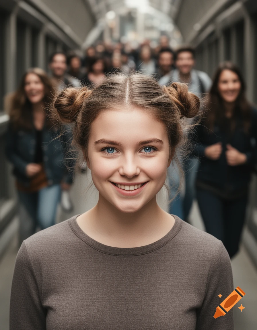 A smiling young woman with blue eyes and two hair buns looks forward, blurred people in a tunnel behind her. Photorealistic.